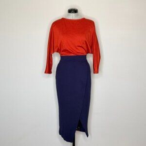 FKSP Navy and Deep Orange 3/4 Dolman Sleeve Faux Wrap Dress